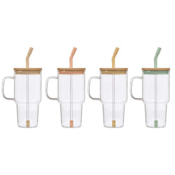 BOROSILICATE GLASS MUG BAMBOO LID ASRT 4 COL 900ML
