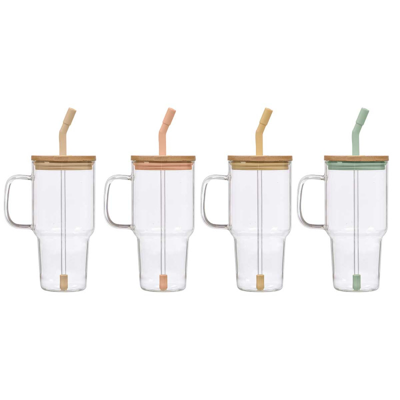 VASO BOROSILICATO ASA TAPA BAMBU SURT 4 COL 900ML