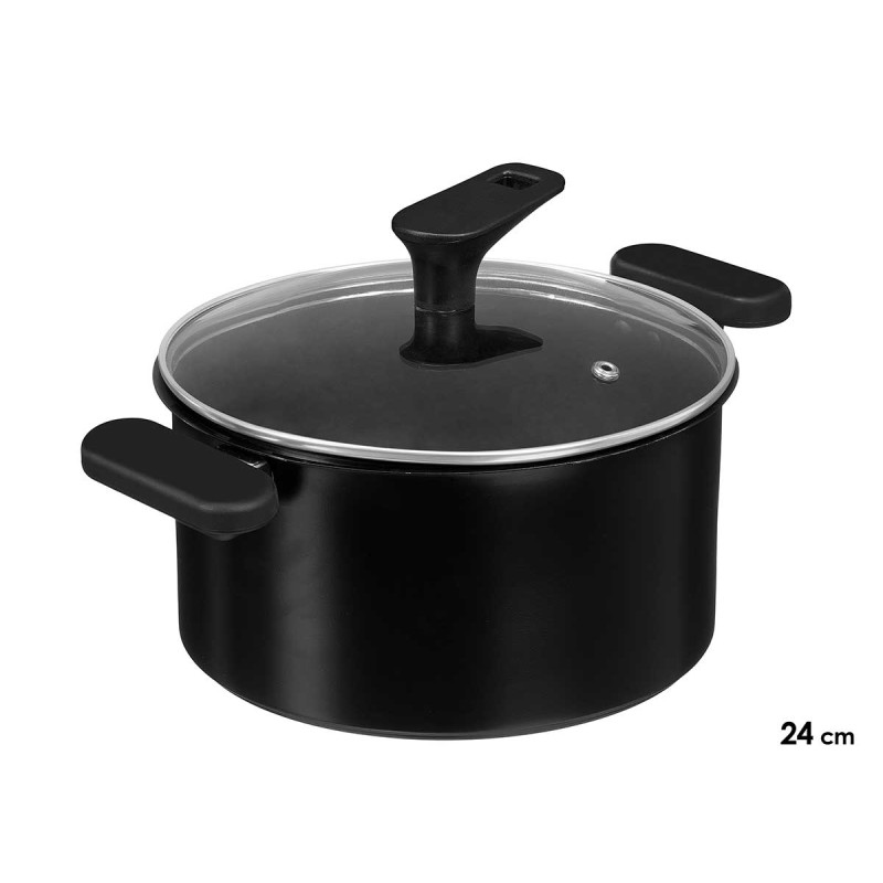 CACEROLA INDUCCION TAPA CRISTAL 24CM NEGRO