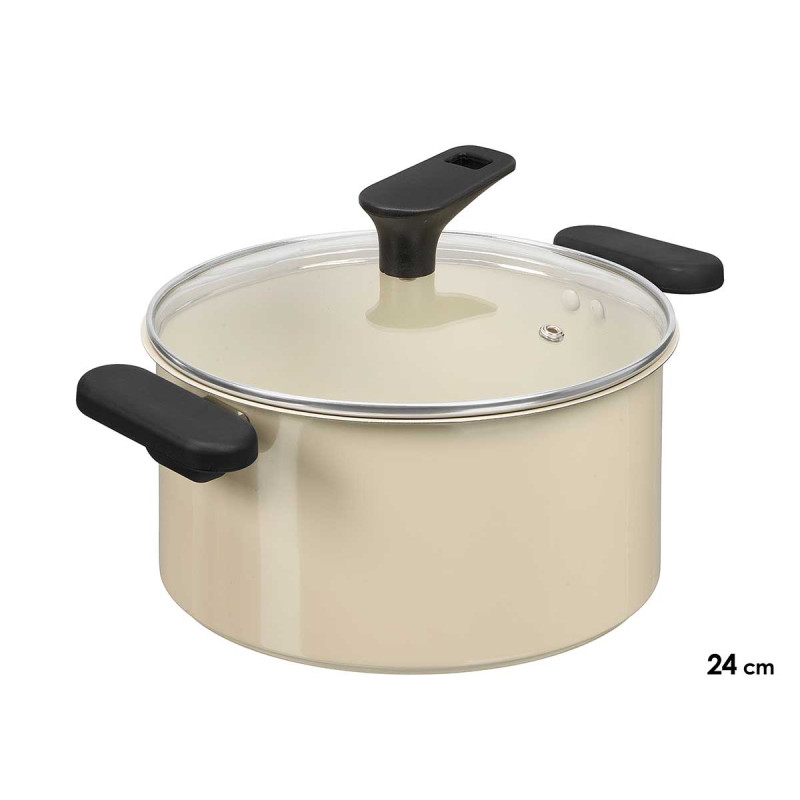 CACEROLA INDUCCION TAPA CRISTAL 24CM CREMA