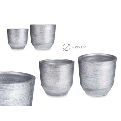 CONJ 2 VASOS CERÂMICA RISCAS 20 25CM PRATEADO