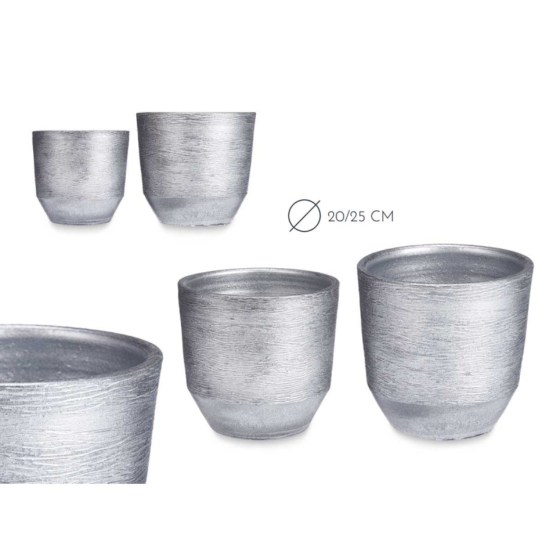 CONJ 2 VASOS CERÂMICA RISCAS 20 25CM PRATEADO
