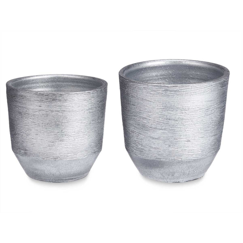 CONJ 2 VASOS CERÂMICA RISCAS 20 25CM PRATEADO