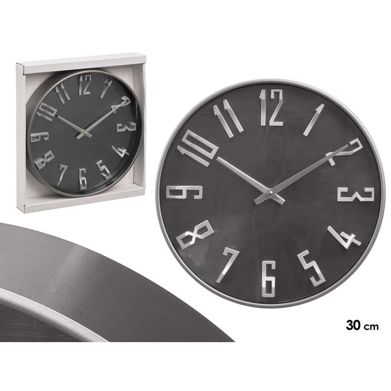 RELOJ PARED PLATA ALUMINIO 30CM