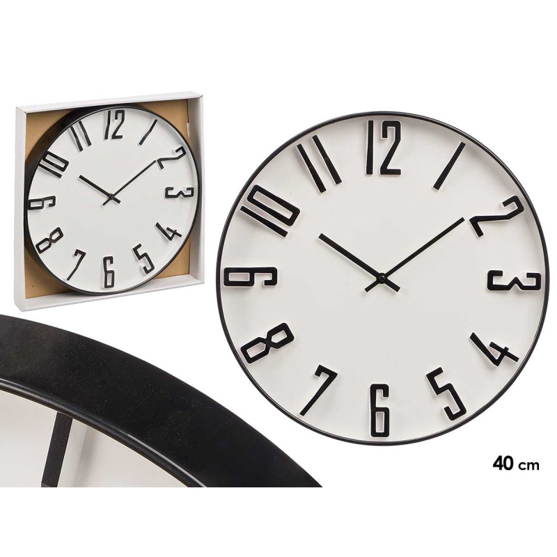 HORLOGE MURALE CHIFFRES EN RELIEF NOIR BLANC 40CM