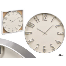 RELÓGIO PAREDE NÚMEROS RELEVO PRATEADO BRANCO 40CM