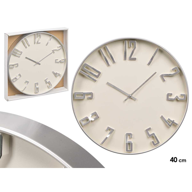 RELOJ PARED NUMEROS RELIEVE PLATA BLANCO 40CM