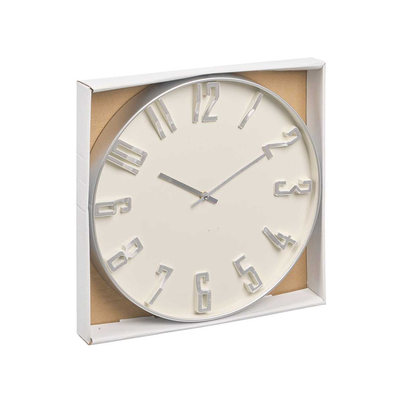 HORLOGE MURALE CHIFFRES EN RELIEF ARGENT BLANC 40C