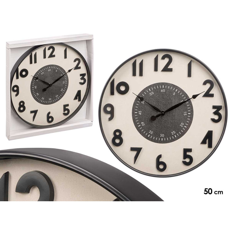 RELÓGIO PAREDE NÚMEROS RELEVO PRETO BRANCO 50CM