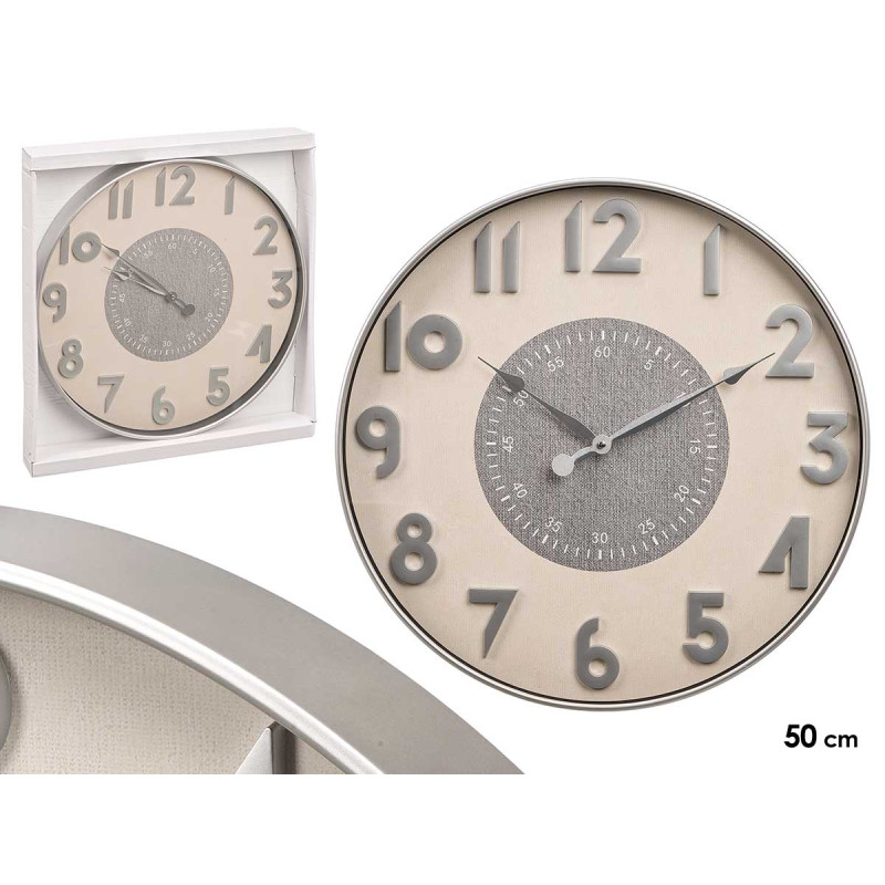 EMBOSSED NUMBERS WALL CLOCK SILVER WHITE 50CM