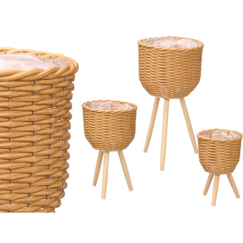 SET 3 CESTE PLASTICA GAMBE LEGNO NATURALE