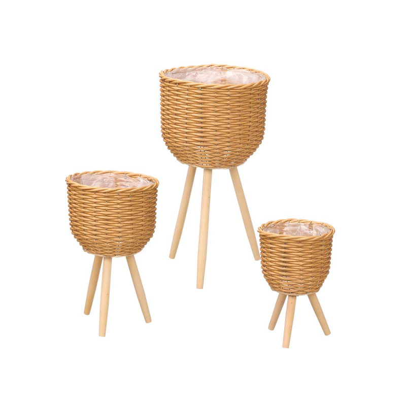SET 3 CESTE PLASTICA GAMBE LEGNO NATURALE