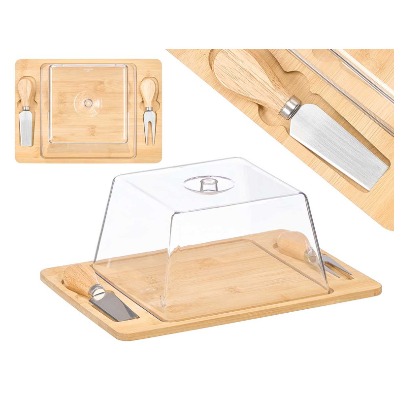 BAMBOO CHEESE BOARD SQUARE LID 2 UTENSILS