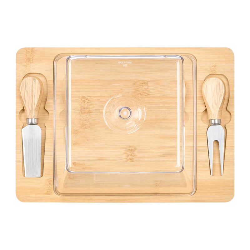 BAMBOO CHEESE BOARD SQUARE LID 2 UTENSILS