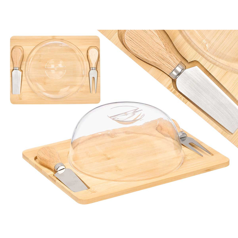 BAMBOO CHEESE BOARD ROUND LID 2 UTENSILS