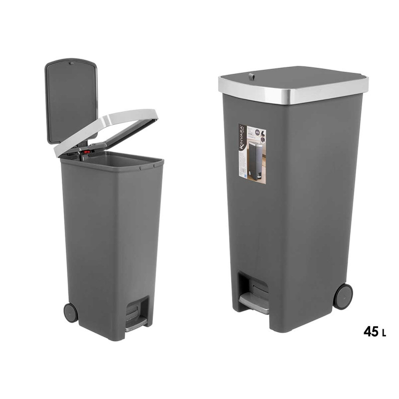 PEDAL TRASH BIN WHEELS GREY 45L