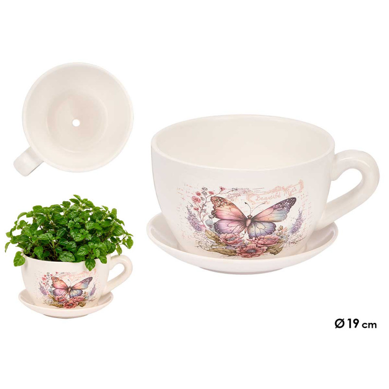 VASO CERAMICA PIATTINO FARFALLA FIORI