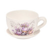 CERAMIC PLANTER CUP SAUCER PURPLE FLOWERS