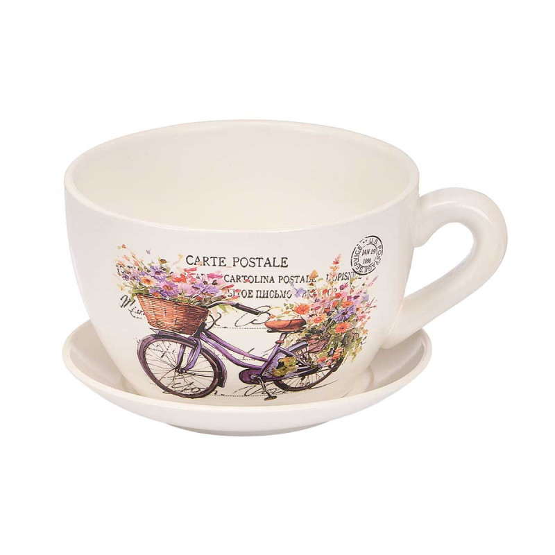 CERAMIC PLANTER CUP SAUCER BIKE FLOWERS