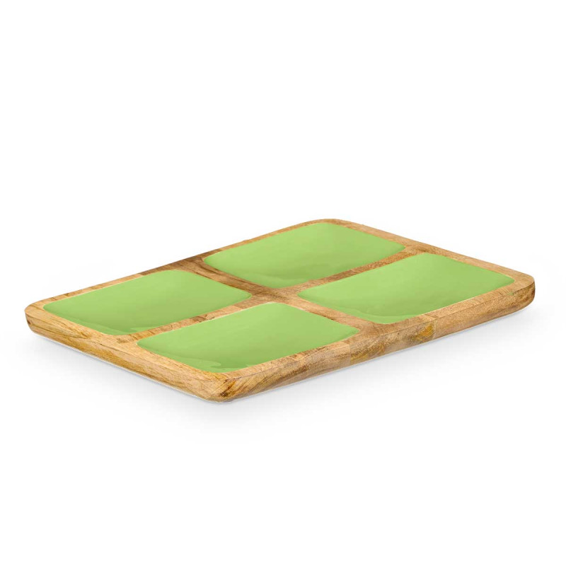 PLATEAU CARRÉ 4 COMPARTIMENTES AVEC MANCHE VERT