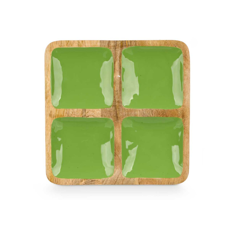 PLATEAU CARRÉ 4 COMPARTIMENTES AVEC MANCHE VERT