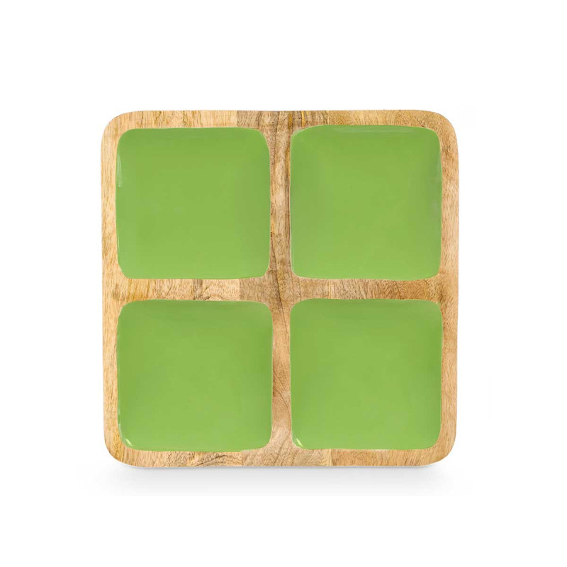 PLATEAU CARRÉ 4 COMPARTIMENTES AVEC MANCHE VERT