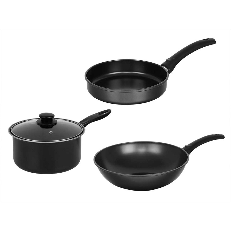 SET NERO 4PZ WOK PADELLA CASSERUOLA COPERCHIO