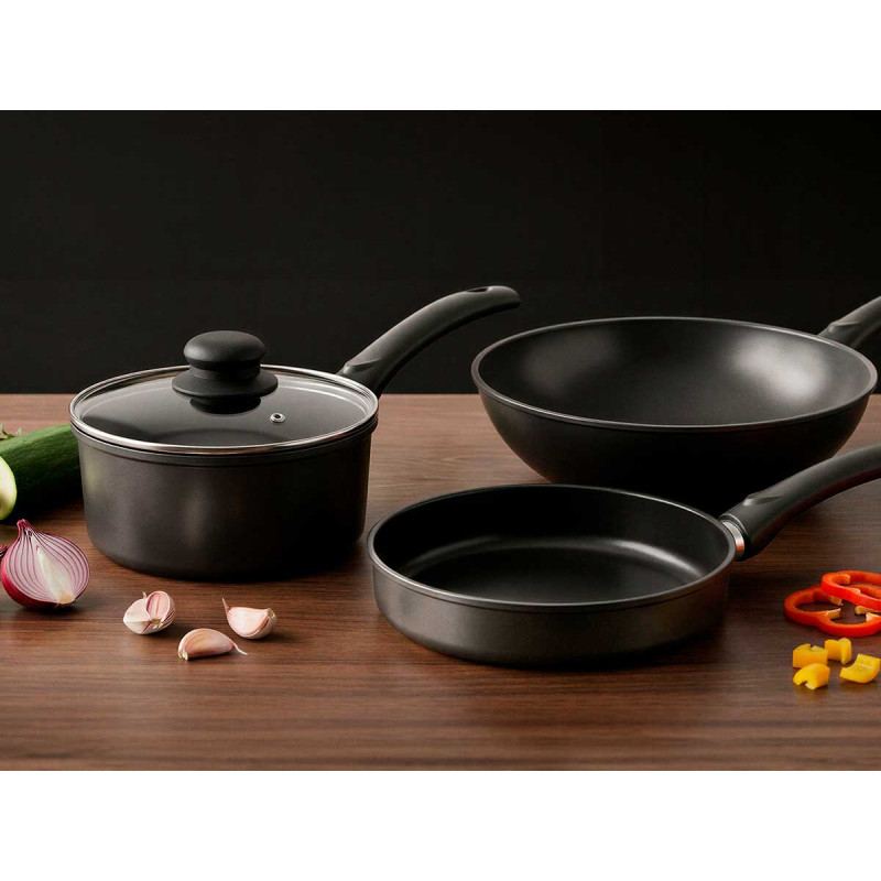 ENSEMBLE 4PCS WOK POÊLE CASSEROLE COUVERCLE NOIR