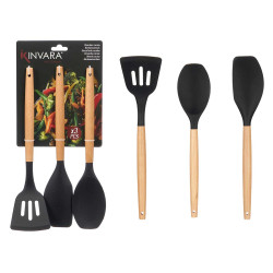 CON 3 UTENSILIOS DE COZINHA SILICONE MADEIRA PRETO
