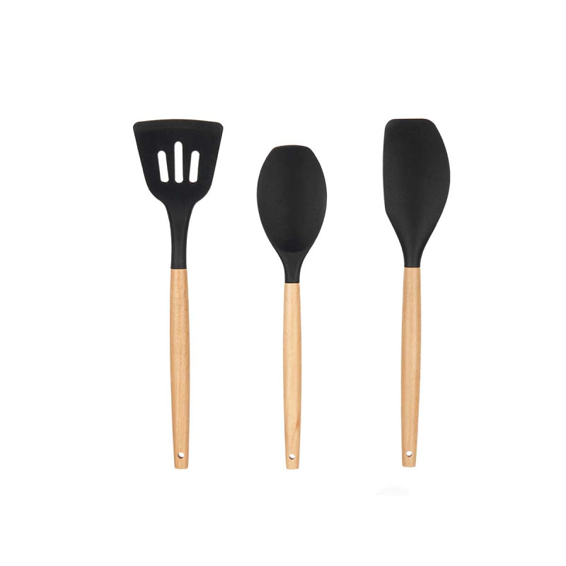 CON 3 UTENSILIOS DE COZINHA SILICONE MADEIRA PRETO