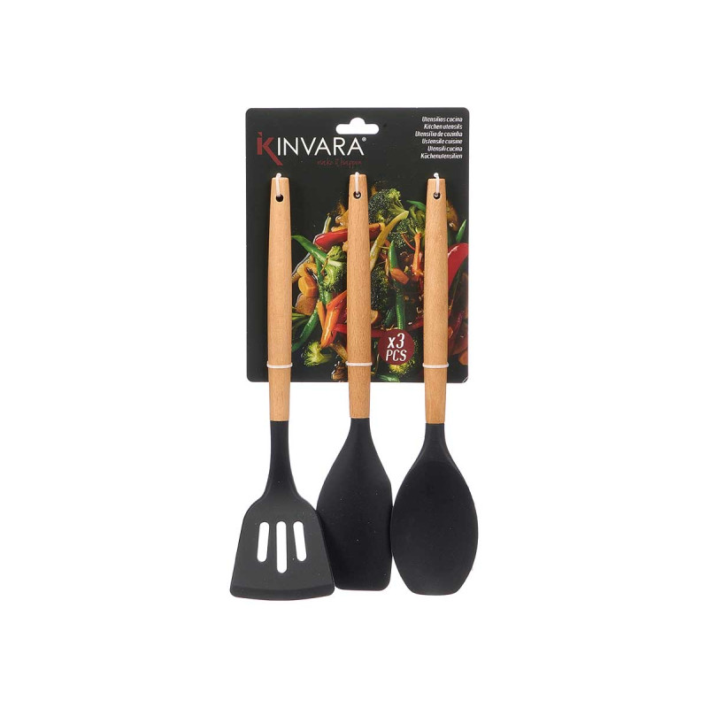 SET 3 PCS BLACK WOODEN SILICONE KITCHEN SHOVELS