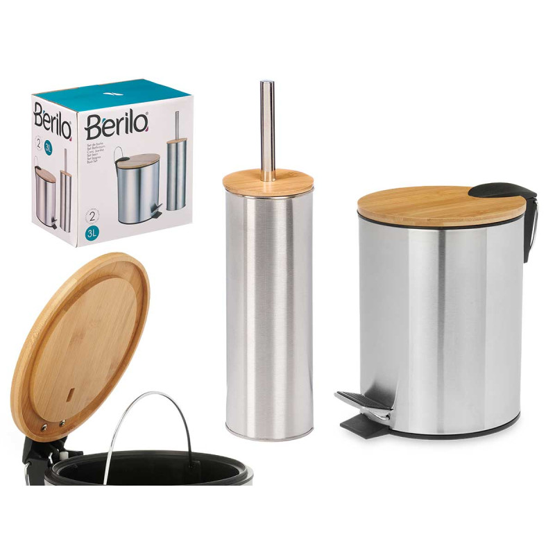 SET 3L POUBELLE ET BROSSE TOILETTE EN BAMBOU ACIER