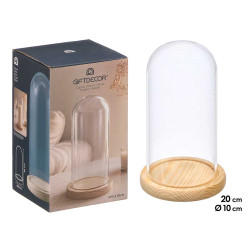 CLOCHE DÉCORATIVE VERRE BASE BOIS 20CM HAUTEUR