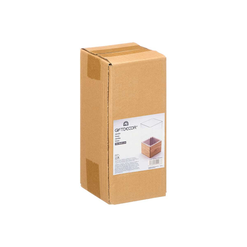VASO ACRILICO QUADRADO BASE MADEIRA 10X10X25CM
