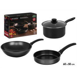 CONJUNTO PRETO 4PCS WOK FRIGIDEIRA PANELA TAMPA