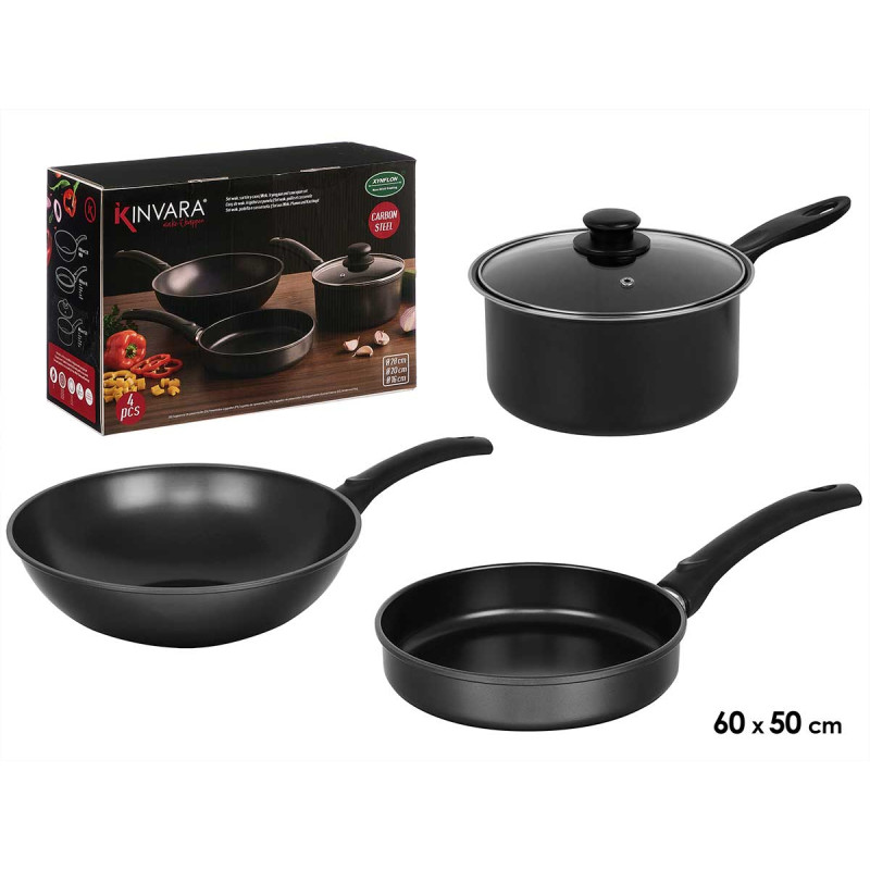 CONJUNTO PRETO 4PCS WOK FRIGIDEIRA PANELA TAMPA