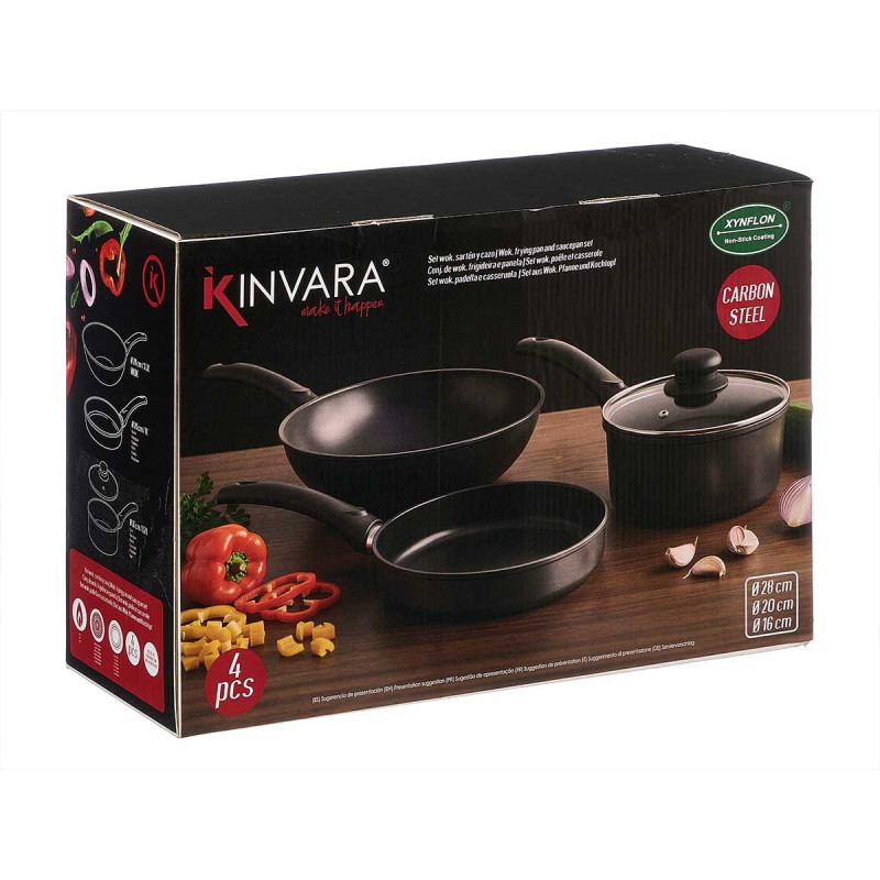 CONJUNTO PRETO 4PCS WOK FRIGIDEIRA PANELA TAMPA