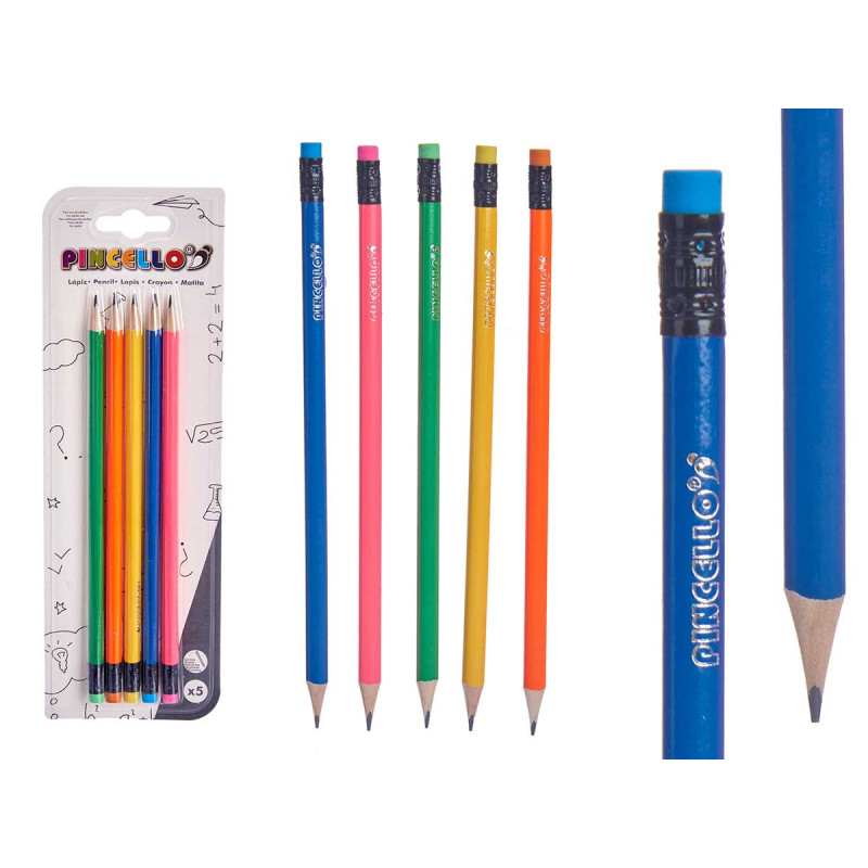 SET 5 PENCILS WITH RUBBER FLUORESCENT