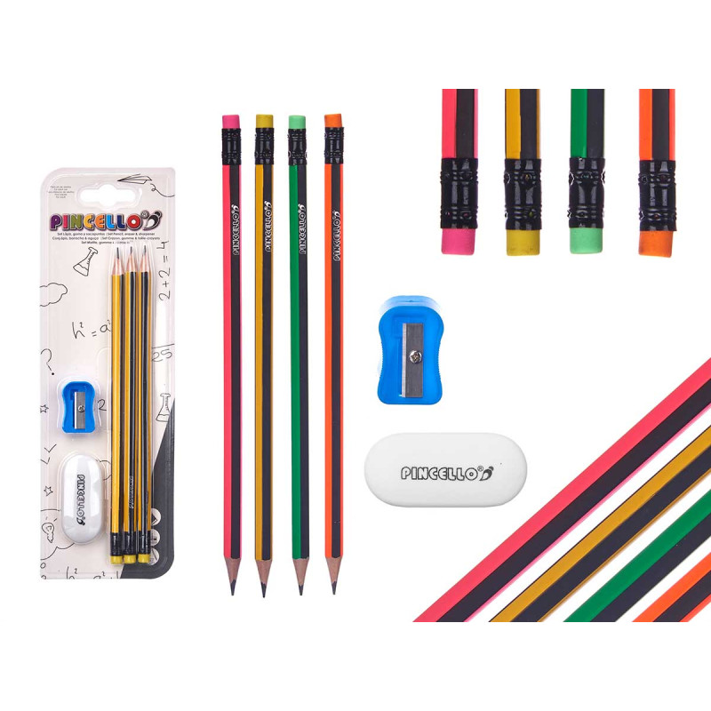 SET 3 PENCILS RUBBER SHARPENER STRIPES