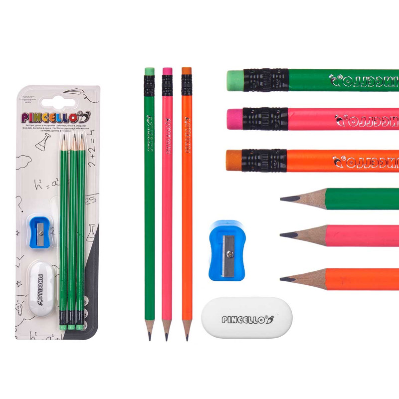 SET 3 CRAYONS GOMME TAILLE-CRAYON FLUORESCENT