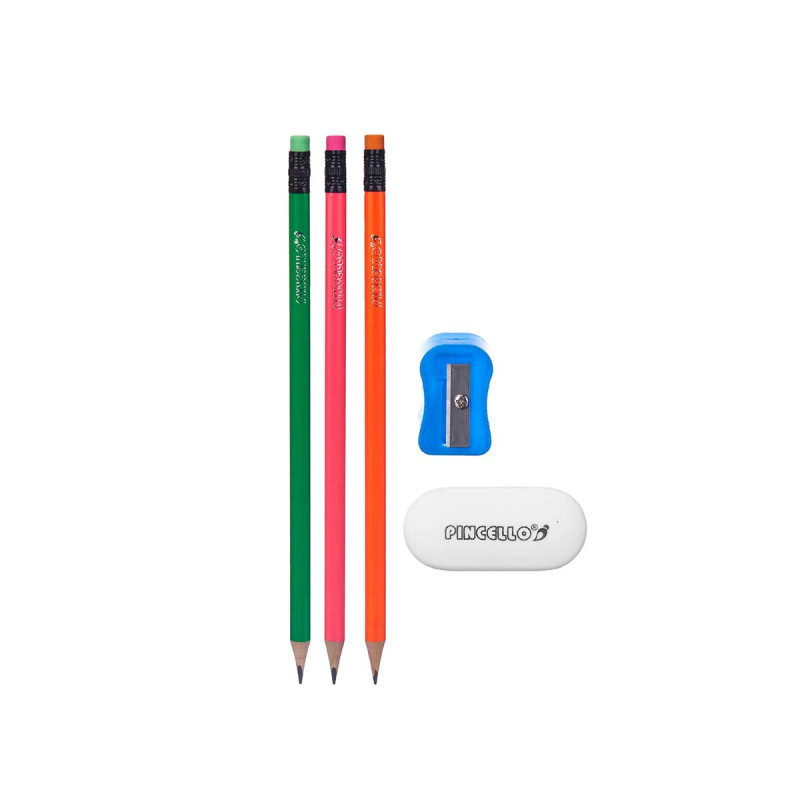 SET 3 PENCILS RUBBER SHARPENER FLUORESCENT