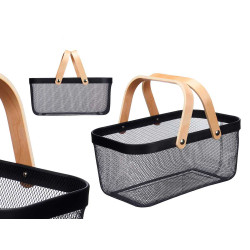 RECTANGULAR MESH BASKET 2 WOODEN HANDLES BLACK