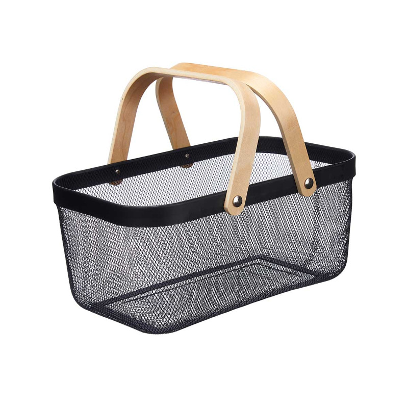 RECTANGULAR MESH BASKET 2 WOODEN HANDLES BLACK
