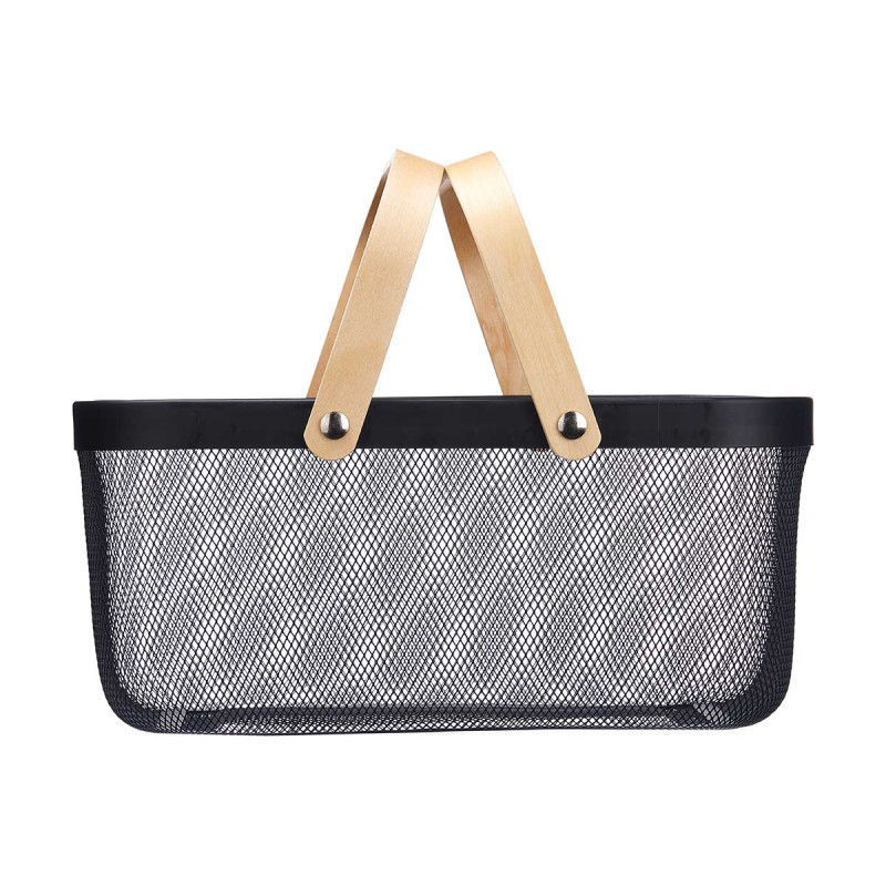 RECTANGULAR MESH BASKET 2 WOODEN HANDLES BLACK
