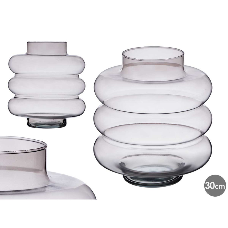 JARRON CRISTAL TRIPLE ESFERA ACHATADA 30CM GRIS