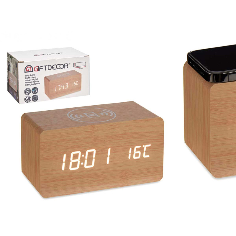 WOOD EFFECT CLOCK W ALARM CHARGER MOV TEMPERATURE 