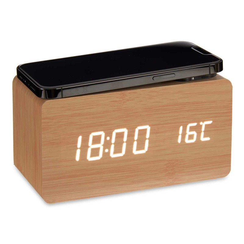 WOOD EFFECT CLOCK W ALARM CHARGER MOV TEMPERATURE 