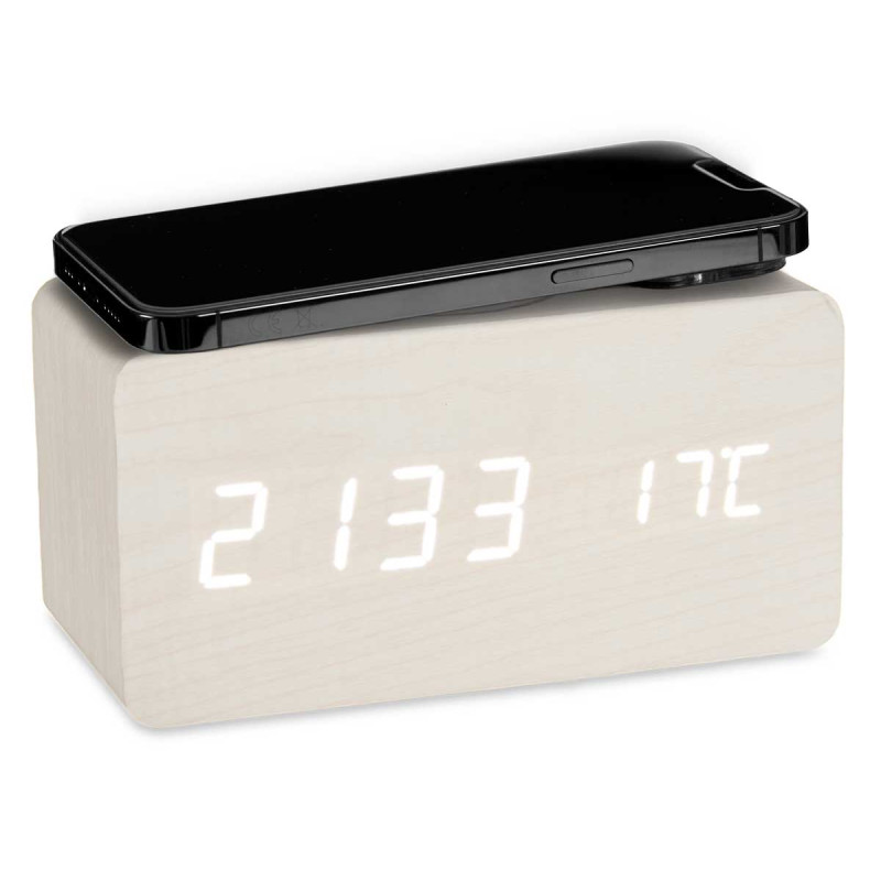 WHITE CLOCK W ALARM CHARGER MOV TEMPERATURE 