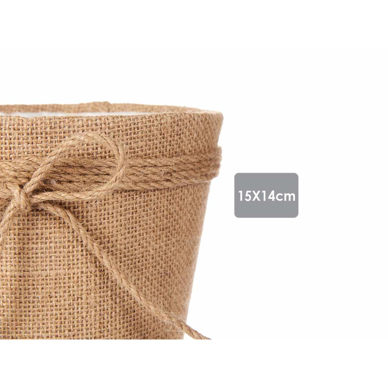 POT DE FLEURS TOILE AVEC RUBAN 15X14CM MARRON 
