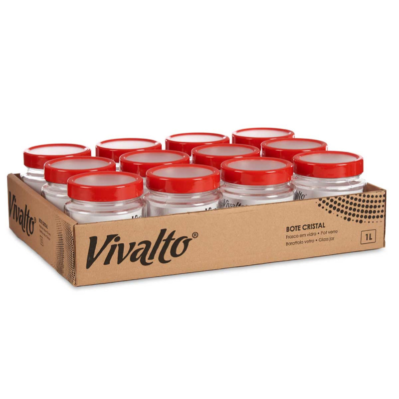 FRASCO VIDRO 1L TRANSPARENTE TAMPA VERMELHA